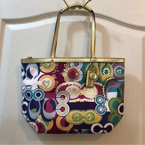 Coach Handbag  Purple, Teal & Gold w/Fuchsia fabric interior